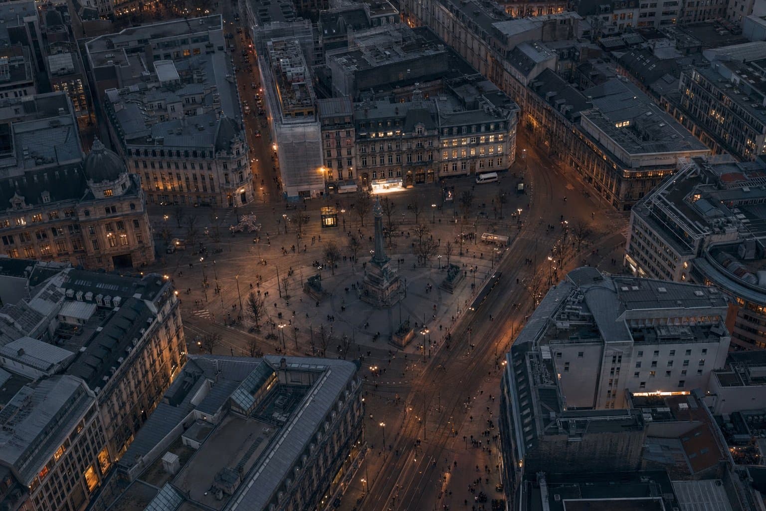 An aerial photograph of streets and buildings
